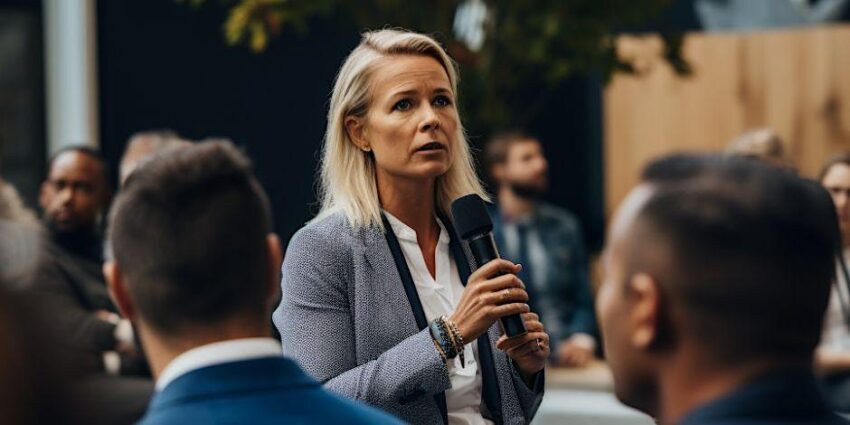 Speaker engaging with attentive audience.